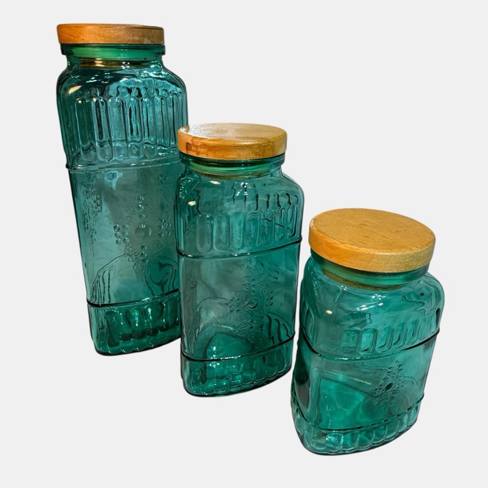 Vintage Turquoise Triangle Shaped Set Of Three Canister Set With Embossed Design - Picture 2 of 10